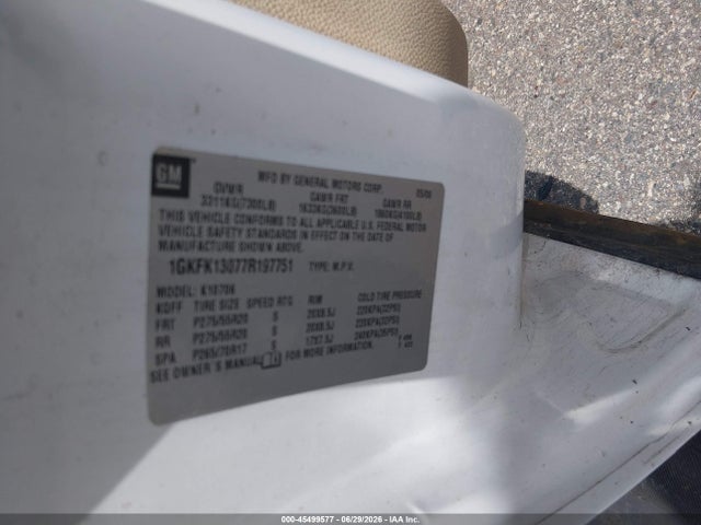 Aukcja sprzedaży 2007 Gmc Yukon Slt, vin: 1GKFK13077R197751, numer aukcji: 45499577