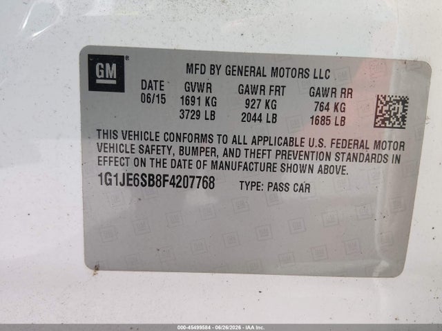 Chevrolet Sonic Ltz Auto 2015 1G1JE6SB8F4207768 Image 9