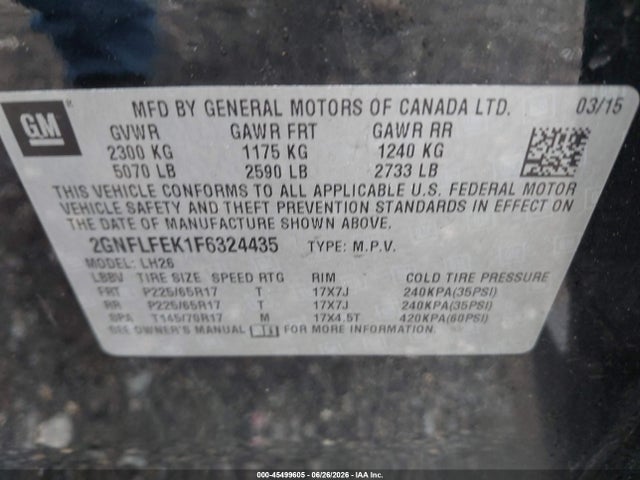 Chevrolet EQUINOX 1LT 2015 2GNFLFEK1F6324435 Image 9