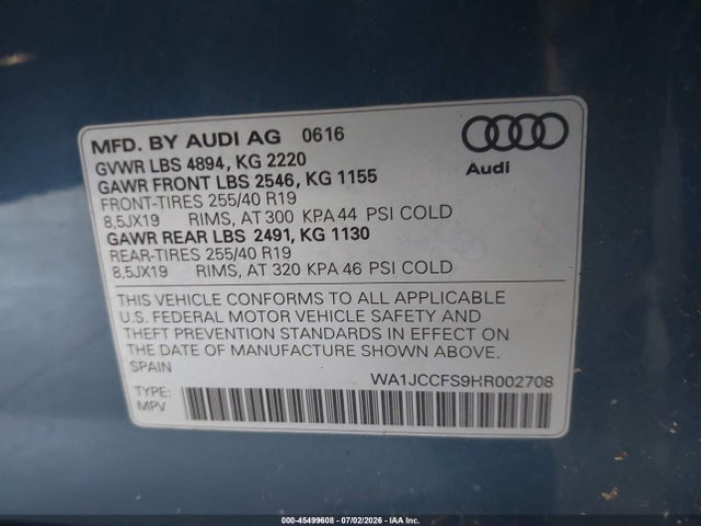 Продажа на аукционе авто 2017 Audi Q3 2.0t Premium, vin: WA1JCCFS9HR002708, номер лота: 45499608