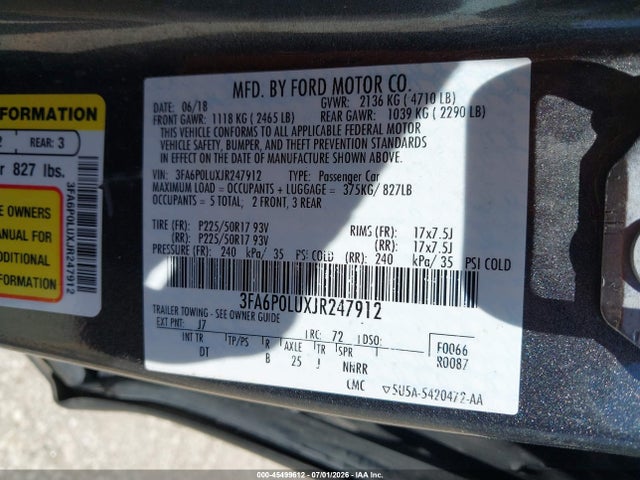 Продаж на аукціоні авто 2018 Ford Fusion Hybrid Se, vin: 3FA6P0LUXJR247912, номер лоту: 45499612