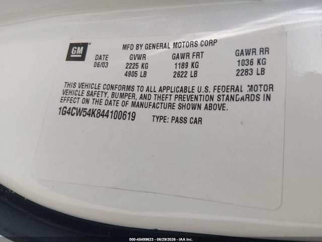 Auction sale of the 2004 Buick Park Avenue, vin: 1G4CW54K844100619, lot number: 45499623