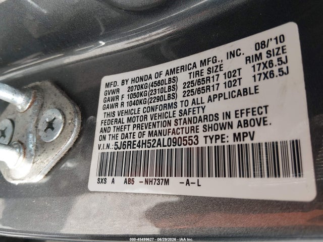 2010 Honda Cr-v Ex მანქანა იყიდება აუქციონზე, vin: 5J6RE4H52AL090553, აუქციონის ნომერი: 45499627
