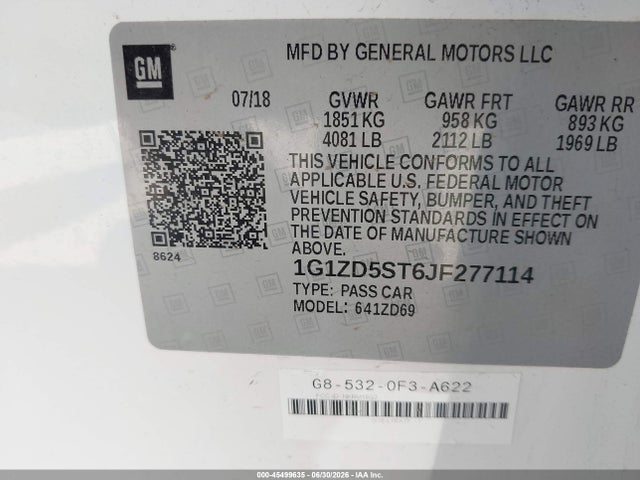 45499635 :رقم المزاد ، 1G1ZD5ST6JF277114 vin ، 2018 Chevrolet Malibu Lt مزاد بيع