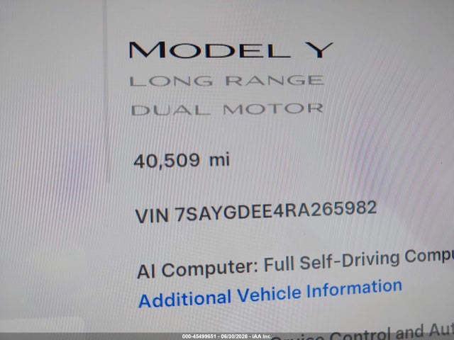 2024 Tesla Model Y Long Range Dual Motor All-wheel Drive მანქანა იყიდება აუქციონზე, vin: 7SAYGDEE4RA265982, აუქციონის ნომერი: 45499651
