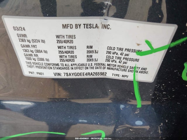 2024 Tesla Model Y Long Range Dual Motor All-wheel Drive მანქანა იყიდება აუქციონზე, vin: 7SAYGDEE4RA265982, აუქციონის ნომერი: 45499651