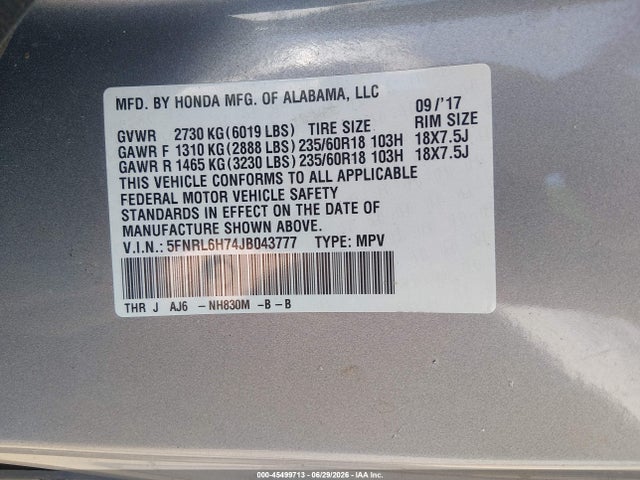 Aukcja sprzedaży 2018 Honda Odyssey Ex-l, vin: 5FNRL6H74JB043777, numer aukcji: 45499713