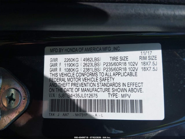 2018 Acura Rdx Acurawatch Plus Package მანქანა იყიდება აუქციონზე, vin: 5J8TB4H35JL012675, აუქციონის ნომერი: 45499719
