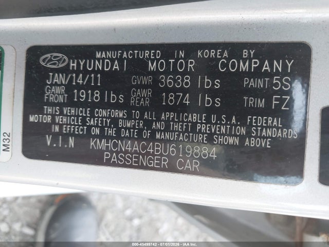 Aukcja sprzedaży 2011 Hyundai Accent Gls, vin: KMHCN4AC4BU619884, numer aukcji: 45499742