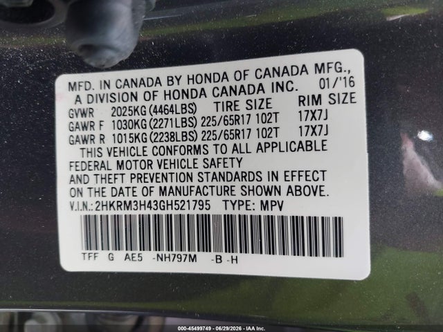 2016 Honda Cr-v Se მანქანა იყიდება აუქციონზე, vin: 2HKRM3H43GH521795, აუქციონის ნომერი: 45499749