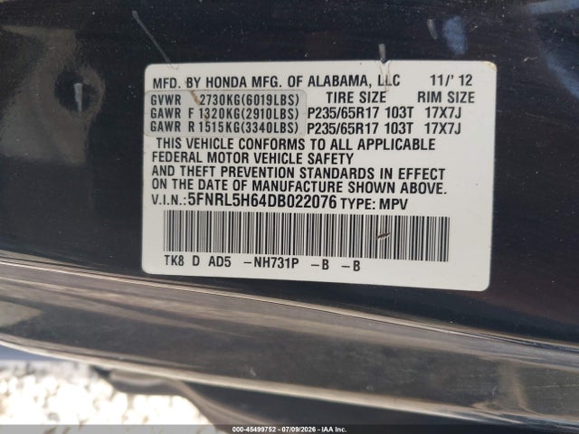 Aukcja sprzedaży 2013 Honda Odyssey Ex-l, vin: 5FNRL5H64DB022076, numer aukcji: 45499752
