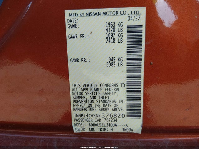 1N4BL4CVXNN376820 Nissan Altima Sr Fwd