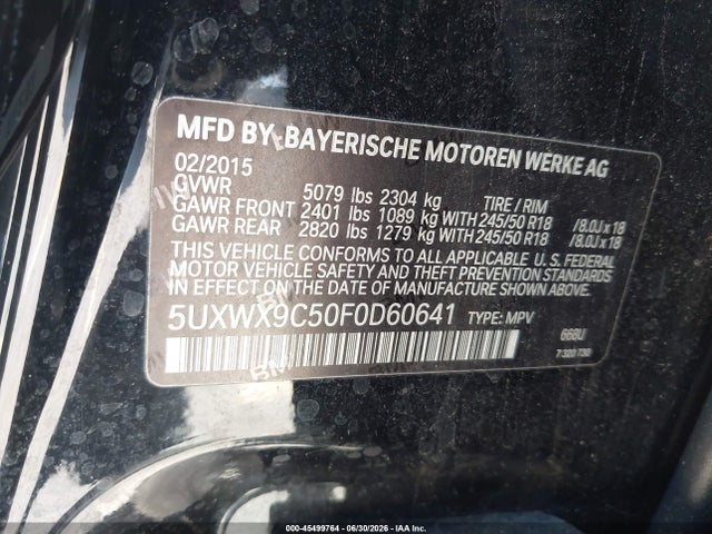 Aukcja sprzedaży 2015 Bmw X3 Xdrive28i, vin: 5UXWX9C50F0D60641, numer aukcji: 45499764