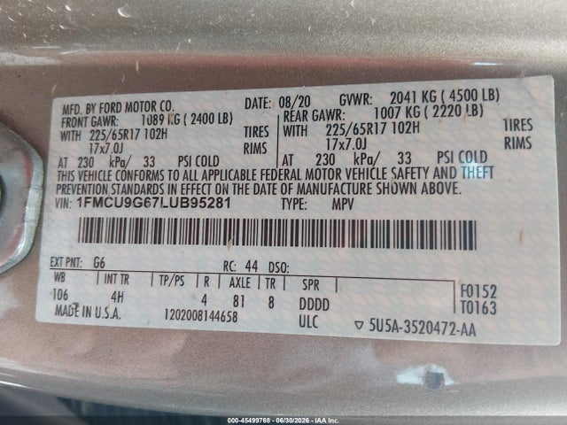 Aukcja sprzedaży 2020 Ford Escape Se, vin: 1FMCU9G67LUB95281, numer aukcji: 45499768