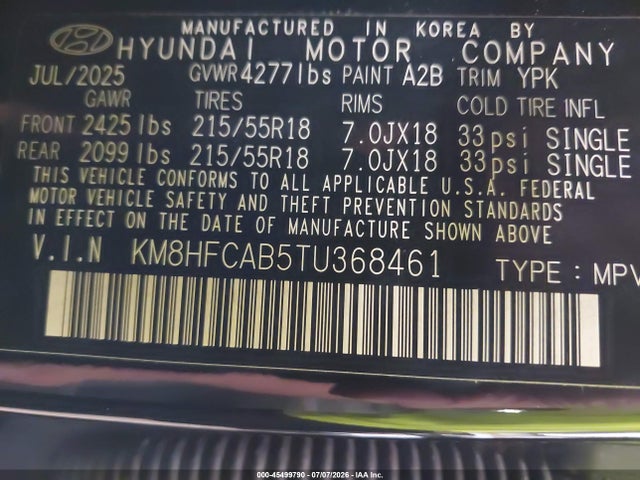 Aukcja sprzedaży 2026 Hyundai Kona Sel Sport, vin: KM8HFCAB5TU368461, numer aukcji: 45499790