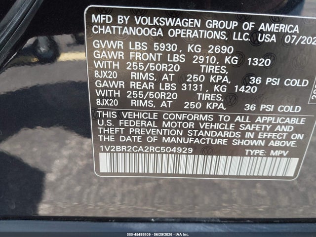 Продаж на аукціоні авто 2024 Volkswagen Atlas 2.0t Sel, vin: 1V2BR2CA2RC504929, номер лоту: 45499809