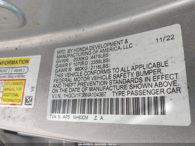 Продажа на аукционе авто 2022 Honda Accord Sport, vin: 1HGCV1F38NA104387, номер лота: 45499813