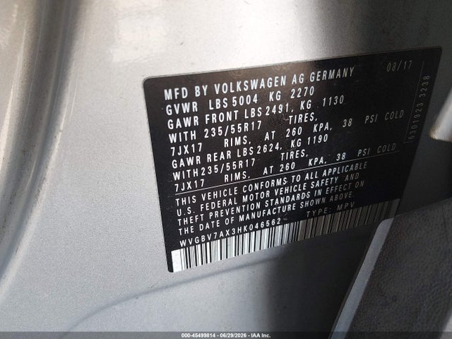 Продаж на аукціоні авто 2017 Volkswagen Tiguan 2.0t/2.0t S, vin: WVGBV7AX3HK046562, номер лоту: 45499814
