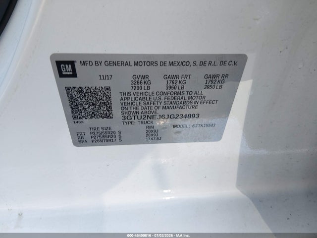 45499816 :رقم المزاد ، 3GTU2NEJ6JG234893 vin ، 2018 Gmc Sierra 1500 Slt مزاد بيع
