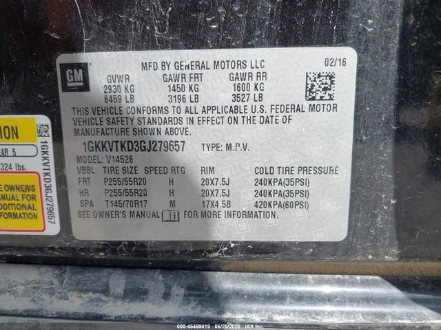 45499819 :رقم المزاد ، 1GKKVTKD3GJ279657 vin ، 2016 Gmc Acadia Denali مزاد بيع