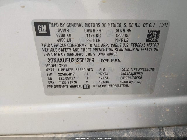 2018 Chevrolet Equinox Lt მანქანა იყიდება აუქციონზე, vin: 3GNAXUEU2JS561269, აუქციონის ნომერი: 45499837