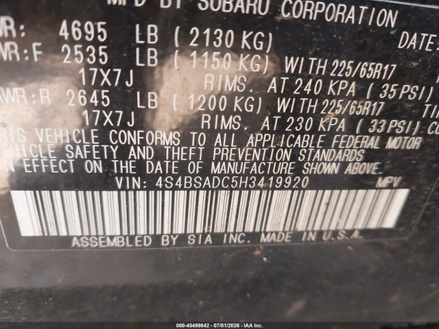 Продаж на аукціоні авто 2017 Subaru Outback 2.5i Premium, vin: 4S4BSADC5H3419920, номер лоту: 45499842