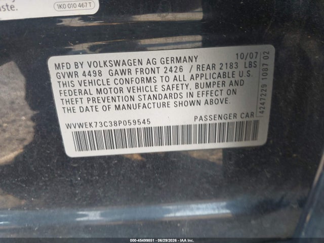 2008 Volkswagen Passat Lux მანქანა იყიდება აუქციონზე, vin: WVWEK73C38P059545, აუქციონის ნომერი: 45499851