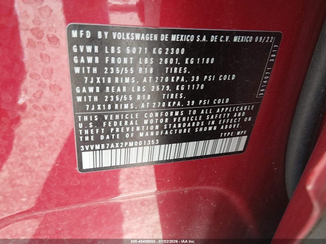 Aukcja sprzedaży 2023 Volkswagen Tiguan 2.0t Se, vin: 3VVMB7AX2PM001353, numer aukcji: 45499855