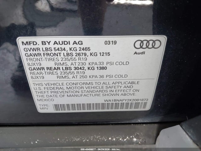 Продаж на аукціоні авто 2019 Audi Q5 45 Premium, vin: WA1BNAFY2K2081873, номер лоту: 45499877