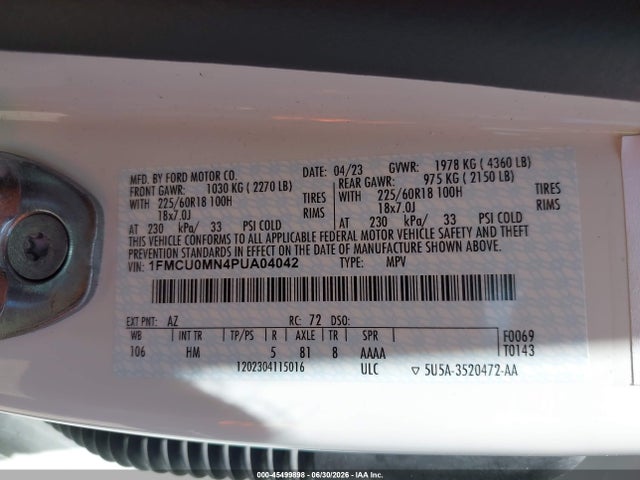 Aukcja sprzedaży 2023 Ford Escape St-line, vin: 1FMCU0MN4PUA04042, numer aukcji: 45499898