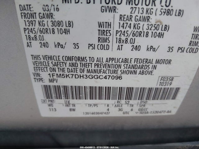 Продаж на аукціоні авто 2016 Ford Explorer Xlt, vin: 1FM5K7DH3GGC47096, номер лоту: 45499913