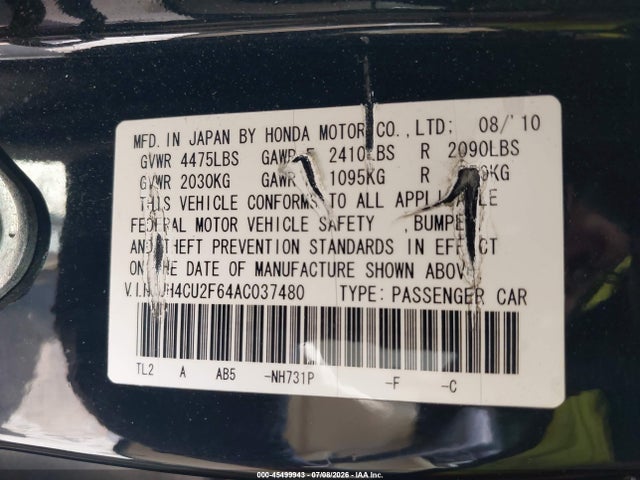 Auction sale of the 2010 Acura Tsx 2.4, vin: JH4CU2F64AC037480, lot number: 45499943