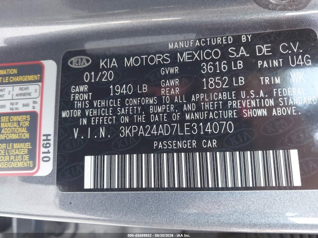2020 Kia Rio S მანქანა იყიდება აუქციონზე, vin: 3KPA24AD7LE314070, აუქციონის ნომერი: 45499952