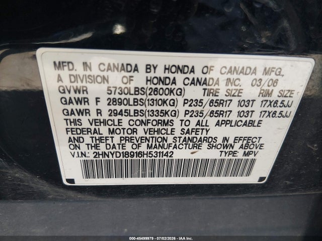 Aukcja sprzedaży 2006 Acura Mdx, vin: 2HNYD18916H531142, numer aukcji: 45499979