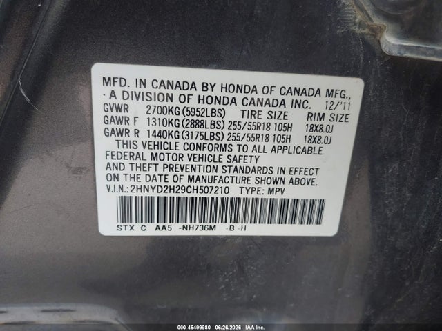 45499980 :رقم المزاد ، 2HNYD2H29CH507210 vin ، 2012 Acura Mdx مزاد بيع