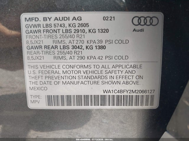 Продаж на аукціоні авто 2021 Audi Sq5 Prestige Tfsi Quattro Tiptronic, vin: WA1C4BFY2M2066127, номер лоту: 45499996