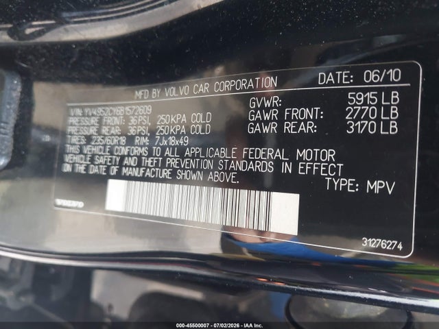 Aukcja sprzedaży 2011 Volvo Xc90 3.2, vin: YV4952CY6B1572609, numer aukcji: 45500007