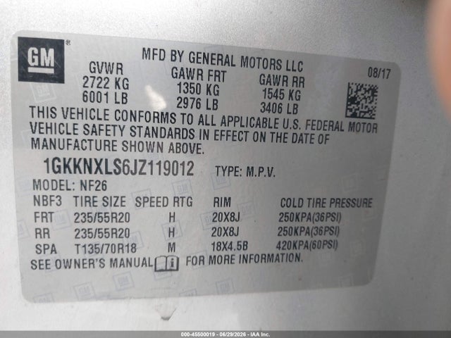 45500019 :رقم المزاد ، 1GKKNXLS6JZ119012 vin ، 2018 Gmc Acadia Denali مزاد بيع