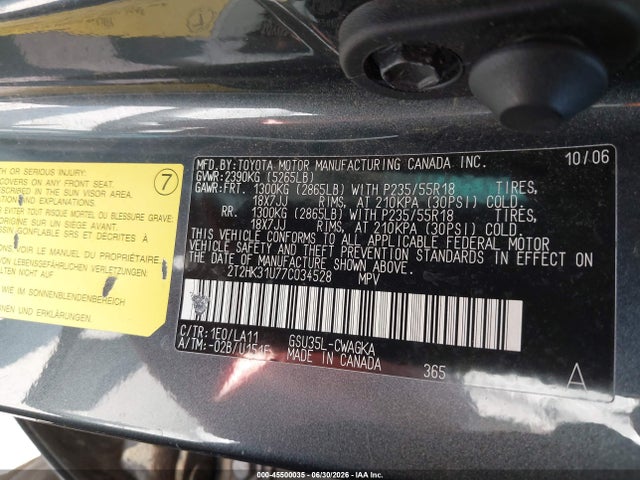 Auction sale of the 2007 Lexus Rx 350, vin: 2T2HK31U77C034528, lot number: 45500035