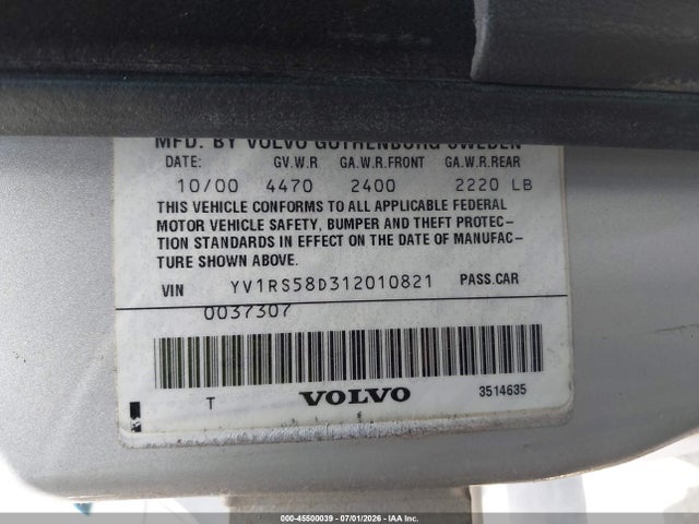 Aukcja sprzedaży 2001 Volvo S60 2.4t, vin: YV1RS58D312010821, numer aukcji: 45500039