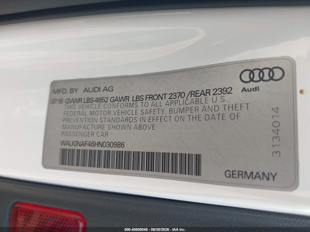 Продажа на аукционе авто 2017 Audi A4 Premium, vin: WAUGNAF46HN030986, номер лота: 45500040