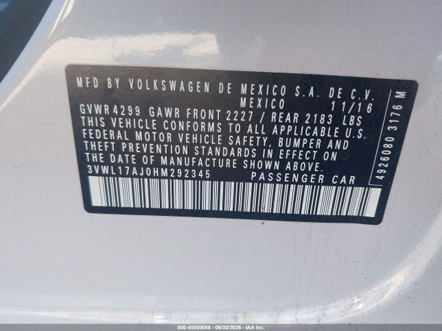 3VWL17AJ0HM292345 Volkswagen Jetta 1.8t Sel/1.8t Sel Premium
