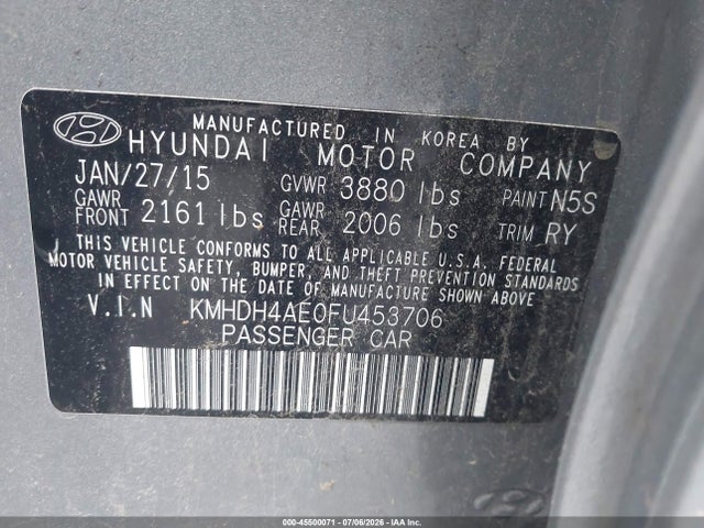 Продаж на аукціоні авто 2015 Hyundai Elantra Limited, vin: KMHDH4AE0FU453706, номер лоту: 45500071