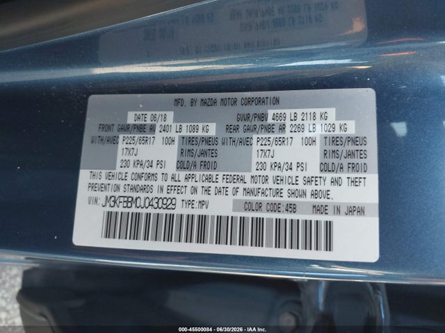 Aukcja sprzedaży 2018 Mazda Cx-5 Sport, vin: JM3KFBBM0J0430929, numer aukcji: 45500084