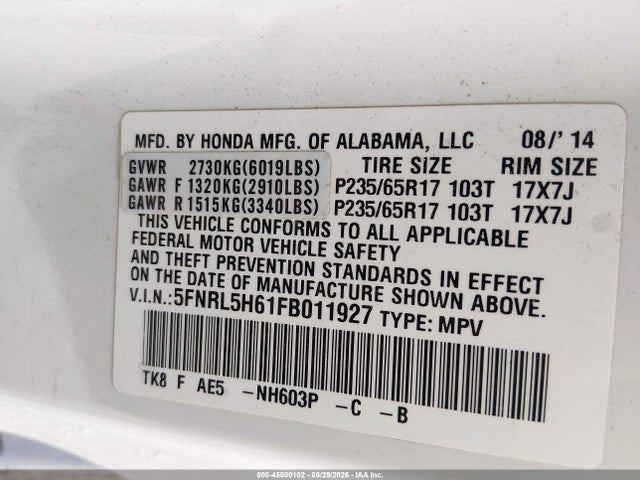 2015 Honda Odyssey Ex-l მანქანა იყიდება აუქციონზე, vin: 5FNRL5H61FB011927, აუქციონის ნომერი: 45500102