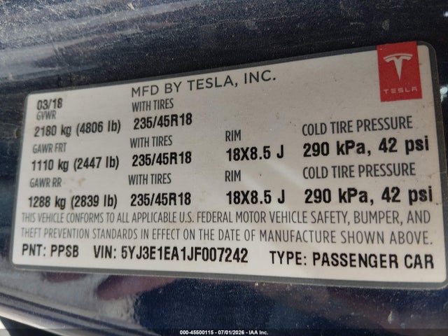 Продажа на аукционе авто 2018 Tesla Model 3 Long Range/mid Range, vin: 5YJ3E1EA1JF007242, номер лота: 45500115