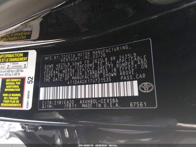 Aukcja sprzedaży 2026 Toyota Camry Se, vin: 4T1DAACK1TU721535, numer aukcji: 45500155