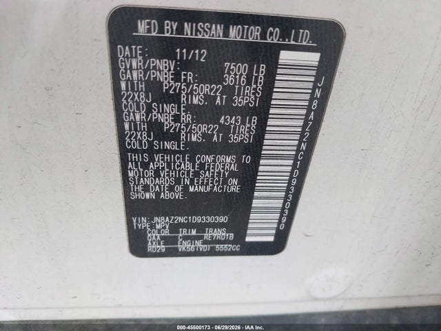 2013 Infiniti Qx56 მანქანა იყიდება აუქციონზე, vin: JN8AZ2NC1D9330390, აუქციონის ნომერი: 45500173