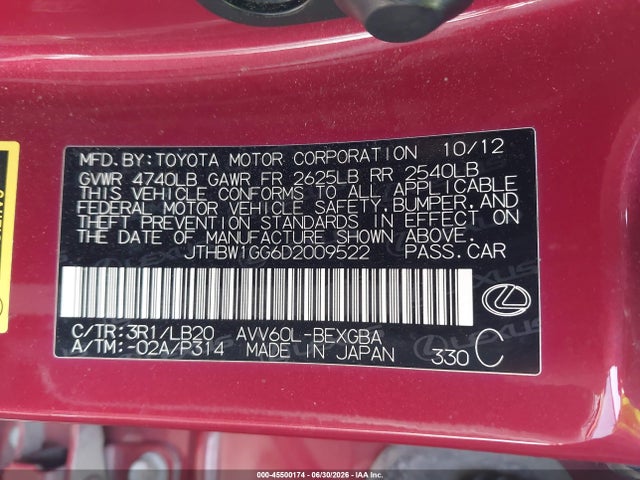 Продаж на аукціоні авто 2013 Lexus Es 300h, vin: JTHBW1GG6D2009522, номер лоту: 45500174