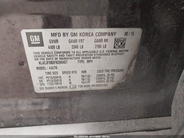 45500189 :رقم المزاد ، KL4CJFSB2FB269457 vin ، 2015 Buick Encore Convenience مزاد بيع